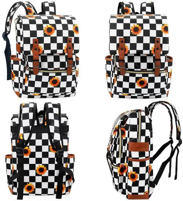 Alt view image 5 of 5 - MCWTH Checkered Sunflower Laptop Backpack for Girls Women, 15.6 inch College School Bag Bookbag