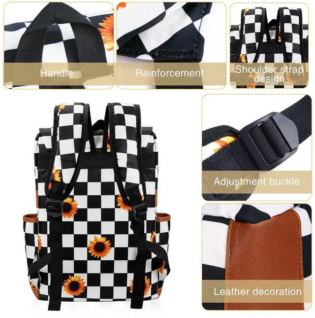 Alt view image 4 of 5 - MCWTH Checkered Sunflower Laptop Backpack for Girls Women, 15.6 inch College School Bag Bookbag