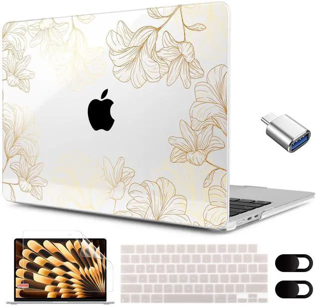 Main image of MEEgoodo for M4/M3/M2 MacBook Air 15.3 inch Case 2025 2024 2023, Case Fit Model (A3241/A3114/A2941) for MacBook Air 15 inch, Laptop Hard Shell with Keyboard Cover, Drawn Golden Floral