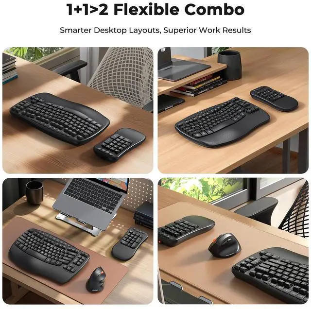 Alt view image 2 of 5 - MEETION Ergonomic Wireless Keyboard with Separate Numeric Keypad, Wave Flexible 2-in-1 Setup for Multi-Device, 2.4G/Bluetooth Split Design with Wrist Rest for Accountants/Data Entry/Left-Handed User