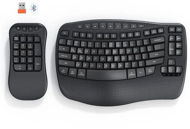Main image of MEETION Ergonomic Wireless Keyboard with Separate Numeric Keypad, Wave Flexible 2-in-1 Setup for Multi-Device, 2.4G/Bluetooth Split Design with Wrist Rest for Accountants/Data Entry/Left-Handed User
