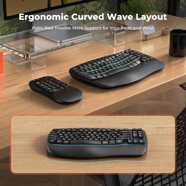 Alt view image 4 of 5 - MEETION Ergonomic Wireless Keyboard with Separate Numeric Keypad, Wave Flexible 2-in-1 Setup for Multi-Device, 2.4G/Bluetooth Split Design with Wrist Rest for Accountants/Data Entry/Left-Handed User