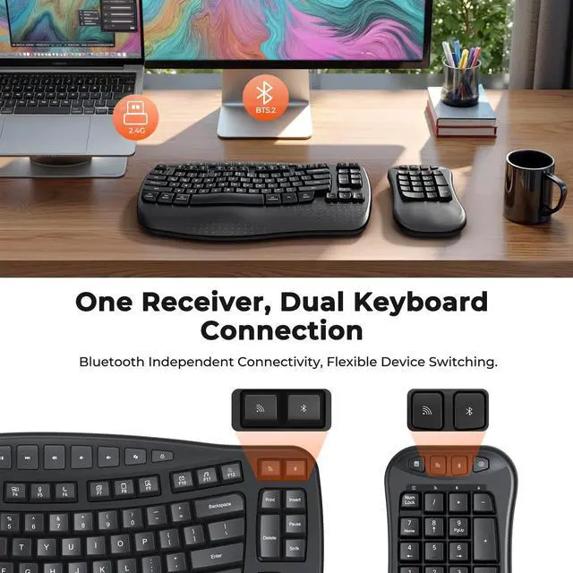 Alt view image 3 of 5 - MEETION Ergonomic Wireless Keyboard with Separate Numeric Keypad, Wave Flexible 2-in-1 Setup for Multi-Device, 2.4G/Bluetooth Split Design with Wrist Rest for Accountants/Data Entry/Left-Handed User