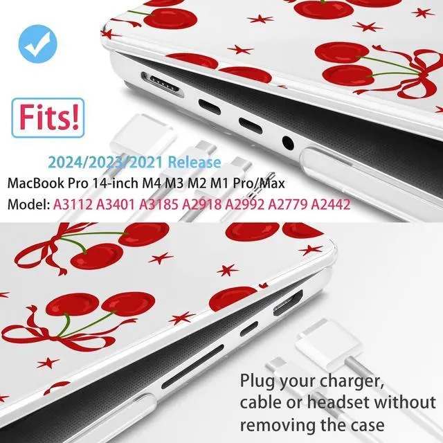 Alt view image 2 of 5 - Mektron Case for MacBook Pro 14 inch 2024 2023 2021 Model M4 A3112 A3401 A3185 M3 A2918 A2992 M2 A2779 M1A2442 Pro/Max, Plastic Hard Shell Case Cover for MacBook Pro 14", Red Bows-Cherry