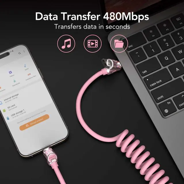 Alt view image 5 of 5 - MFish 4-in-1 Coiled Universal USB Charging Cable -MAX 240W Fast Charging/Charger Cord with Multi USB Port for iPhone 16/15 14 13 iPad Samsung Galaxy MacBook iPad Tablets and More (Pink, 5.6Ft)