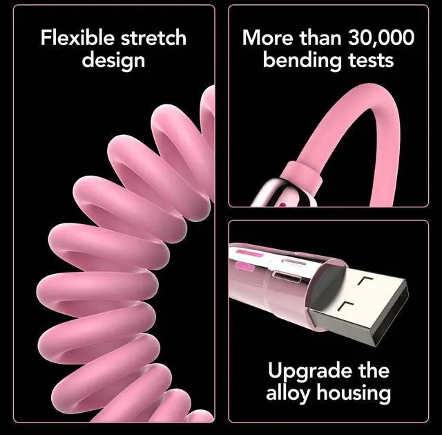 Alt view image 2 of 5 - MFish 4-in-1 Coiled Universal USB Charging Cable -MAX 240W Fast Charging/Charger Cord with Multi USB Port for iPhone 16/15 14 13 iPad Samsung Galaxy MacBook iPad Tablets and More (Pink, 5.6Ft)
