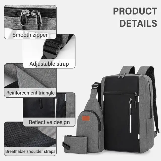 Alt view image 3 of 5 - MultiValue Backpack,Waterproof Laptop Rucksack Large Capacity Three-Piece Daypack for Men Women Travelling Working (Grey)