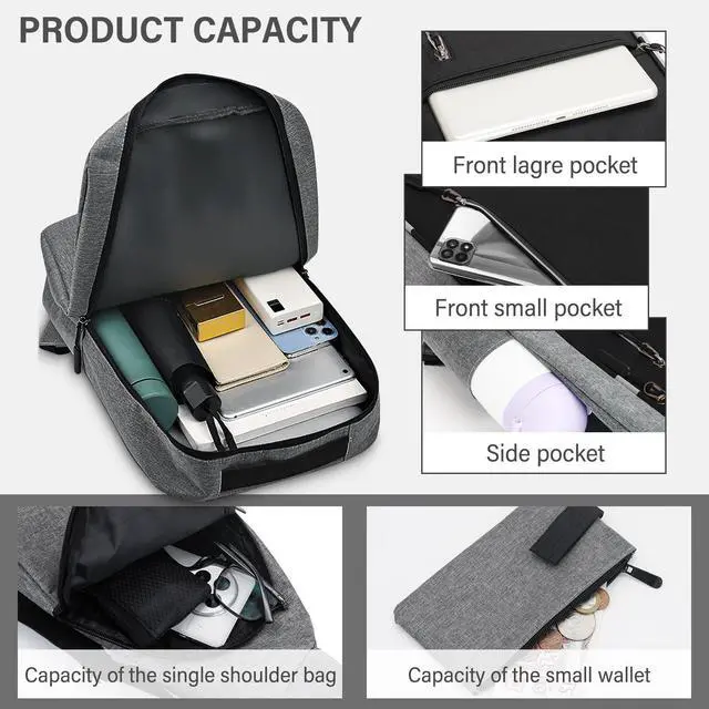 Alt view image 4 of 5 - MultiValue Backpack,Waterproof Laptop Rucksack Large Capacity Three-Piece Daypack for Men Women Travelling Working (Grey)