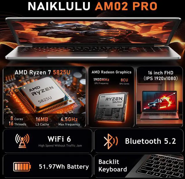 Alt view image 2 of 5 - 2025 Gaming Laptop 16 Inch Laptop Computer with AMD Ryzen 7 5825U Processor, 32GB DDR4, 1T SSD, FHD Display 1920*1080P, Windows 11 PRO, WiFi 6, Backlit Keyboard HDMI, for Student, Office, Business