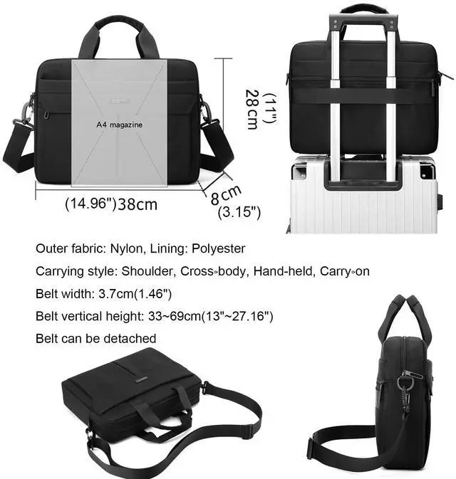 Alt view image 5 of 5 - Laptop Bag 14 Inch Briefcase for Men Women Waterproof Nylon Lightweight Compact, Shoulder Messenger Handbag for Business Office Work Travel College Black