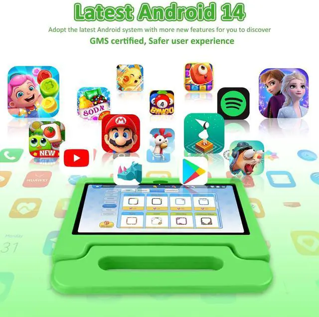 Alt view image 4 of 5 - NRKDUBQ Tablet for Kids, 10.1 inch IPS HD Touchscreen Android 14 64 GB Storage, 8GB RAM, Octa Core Kids Tablet, Parental Controls, 12-hr Battery, WiFi, GPS - Green
