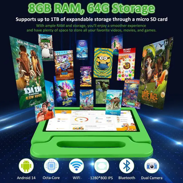 Alt view image 5 of 5 - NRKDUBQ Tablet for Kids, 10.1 inch IPS HD Touchscreen Android 14 64 GB Storage, 8GB RAM, Octa Core Kids Tablet, Parental Controls, 12-hr Battery, WiFi, GPS - Green