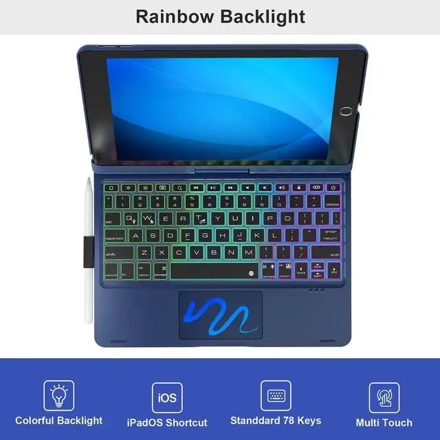 Alt view image 4 of 5 - NOKBABO iPad 9th Generation Case with Keyboard 360deg Rotatable Touchpad and 7 Color Backlight & Pencil Holder for iPad 9th/8th/7th Gen 10.2 inch & iPad Air 3rd Gen/iPad Pro 10.5 inch - Lake Blue