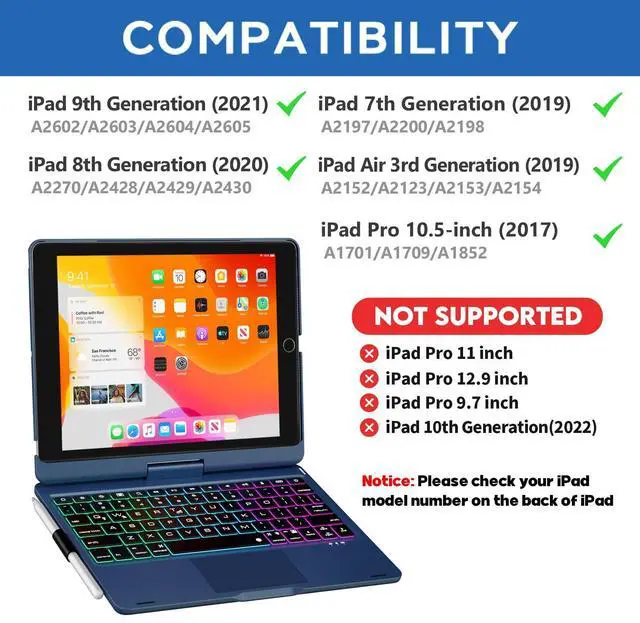 Alt view image 2 of 5 - NOKBABO iPad 9th Generation Case with Keyboard 360deg Rotatable Touchpad and 7 Color Backlight & Pencil Holder for iPad 9th/8th/7th Gen 10.2 inch & iPad Air 3rd Gen/iPad Pro 10.5 inch - Lake Blue