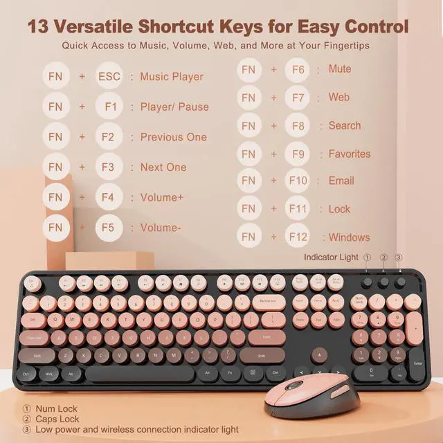 Alt view image 3 of 5 - Nowlike Wireless Keyboard and Mouse Combo, Retro Typewriter Keyboard with Round Keycaps, Full-Size Ergonomic, Aurora Red, Ideal for Windows PC, Home, Office, and College