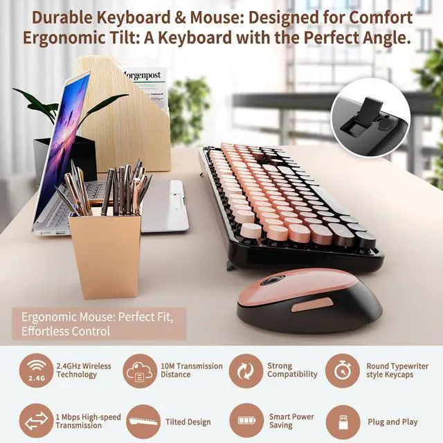 Alt view image 5 of 5 - Nowlike Wireless Keyboard and Mouse Combo, Retro Typewriter Keyboard with Round Keycaps, Full-Size Ergonomic, Aurora Red, Ideal for Windows PC, Home, Office, and College