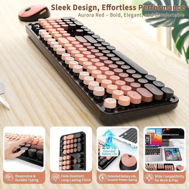 Alt view image 4 of 5 - Nowlike Wireless Keyboard and Mouse Combo, Retro Typewriter Keyboard with Round Keycaps, Full-Size Ergonomic, Aurora Red, Ideal for Windows PC, Home, Office, and College