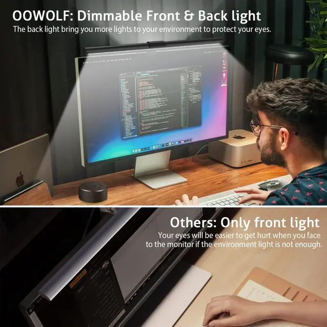 Alt view image 2 of 5 - OOWOLF Monitor Light Bar with Remote, Computer Monitor Lamp for Eye Caring, USB Reading LED Task Lamp with Dimming, Dimmable Light Bar with Backlight, No Glare Space Saving Home Office Desk Lamps