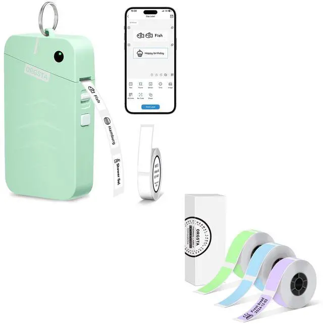 Main image of ORGSTA S001 Label Maker Machine with Tape, Portable Bluetooth Label Maker for Home and Office Organization, Thermal Label Printer Mini Label Maker with 3 Roll Label Tapes - Green/Purple/Blue