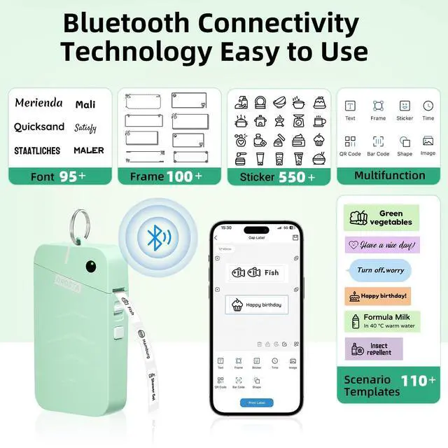 Alt view image 2 of 5 - ORGSTA S001 Label Maker Machine with Tape, Portable Bluetooth Label Maker for Home and Office Organization, Thermal Label Printer Mini Label Maker with 3 Roll Label Tapes - Green/Purple/Blue