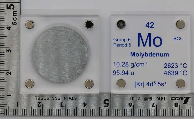 Alt view image 5 of 5 - Molybdenum (Mo) 24.26mm Metal Disc with Acrylic Case for Collection or Experiments