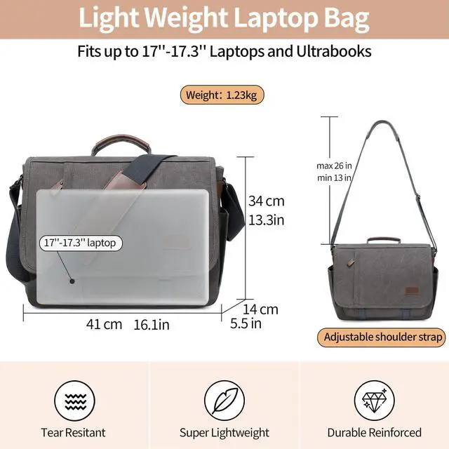 Alt view image 2 of 5 - PPOBOW Canvas Messenger Bag for Men Waterproof Business Bags for Men Vintage Canvas Laptop Bag, Grey