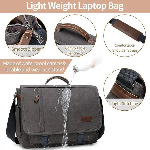 Alt view image 3 of 5 - PPOBOW Canvas Messenger Bag for Men Waterproof Business Bags for Men Vintage Canvas Laptop Bag, Grey