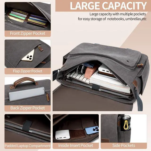 Alt view image 4 of 5 - PPOBOW Canvas Messenger Bag for Men Waterproof Business Bags for Men Vintage Canvas Laptop Bag, Grey