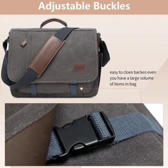 Alt view image 5 of 5 - PPOBOW Canvas Messenger Bag for Men Waterproof Business Bags for Men Vintage Canvas Laptop Bag, Grey
