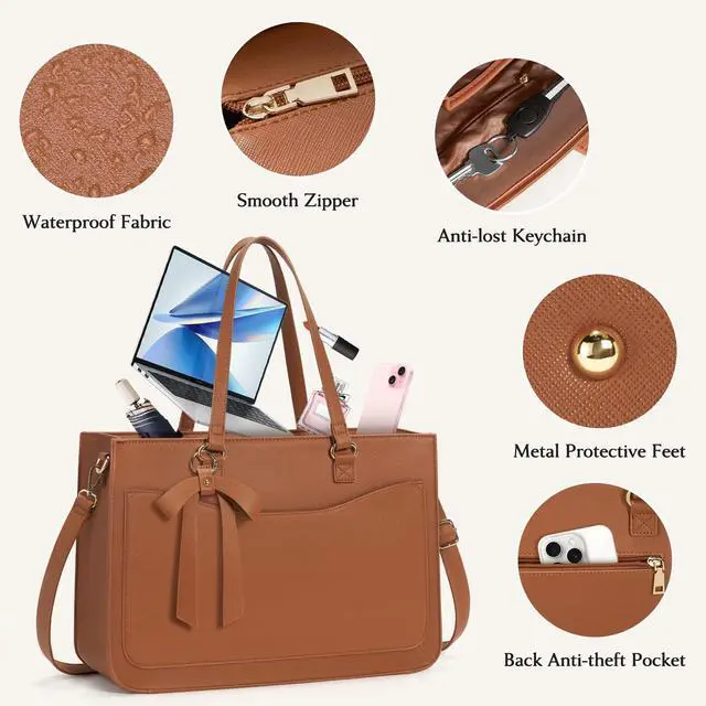 Alt view image 3 of 5 - RAINSMORE Laptop Bag for Women 15.6 Inch Work Tote Bags Leather Laptop Tote Waterproof Computer Bag Professional Office Business Briefcase Large Handbag for College Teacher Travel, Brown