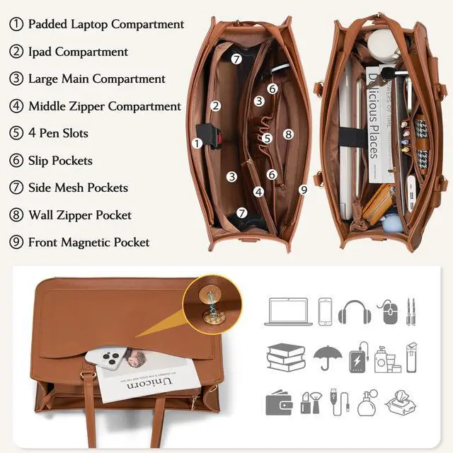 Alt view image 2 of 5 - RAINSMORE Laptop Bag for Women 15.6 Inch Work Tote Bags Leather Laptop Tote Waterproof Computer Bag Professional Office Business Briefcase Large Handbag for College Teacher Travel, Brown