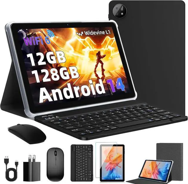 Main image of Rebecco Android 14 Tablet, 10-inch with Bluetooth 5.4, 12GB RAM + 128GB ROM (Expandable up to 1TB), Octa-Core Android, 1280x800 IPS HD Touchscreen, WiFi 6, Dual Camera, 6000mAh, Widevine L1