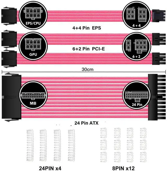 Alt view image 3 of 5 - VovoZanium PSU Cable Extension kit - Sleeved 18AWG 30cm ATX 24pin,CPU4+4p,PCI-E 6+2p,PCI-E 6p-Pink- Compatible with RM, EVGA,Corsair,HX Series Power Supplies