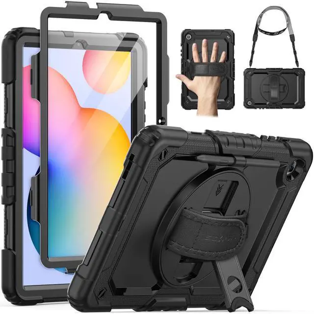 Main image of SEYMAC Case for Samsung Galaxy Tab S6 Lite 10.4'' 2024/2022/2020 (SM-P620/P610/P615), Heavy Duty Full-Body Shockproof Protective Case with Screen Protector, Rotating Stand, Hand/Shoulder Strap, Black