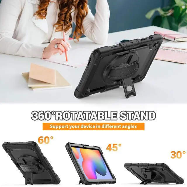 Alt view image 4 of 5 - SEYMAC Case for Samsung Galaxy Tab S6 Lite 10.4'' 2024/2022/2020 (SM-P620/P610/P615), Heavy Duty Full-Body Shockproof Protective Case with Screen Protector, Rotating Stand, Hand/Shoulder Strap, Black