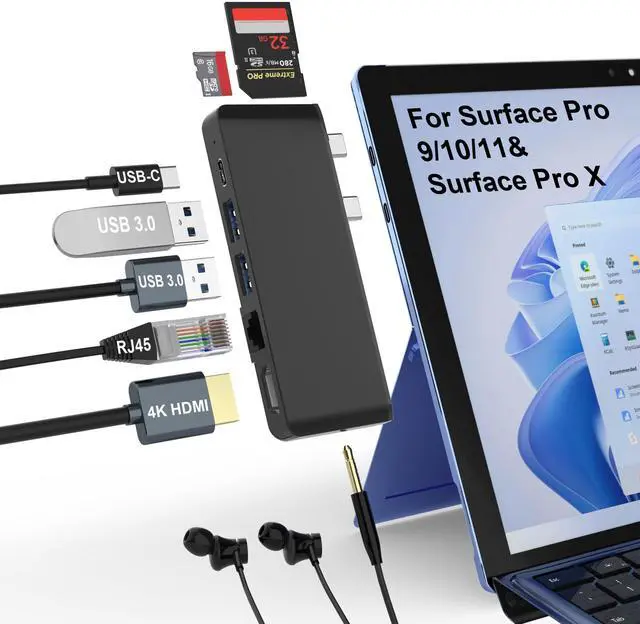 Main image of Surface Pro 9 10 11 Docking Station with 4K HDMI, USB-C Thunerbolt 4, 100Mbps Ethernet, 3.5mm Audio, 2 USB 3.0, SD&TF Card Slot, Triple Display(Surface+HDMI+USBC) for Surface Pro 11/10/9/X
