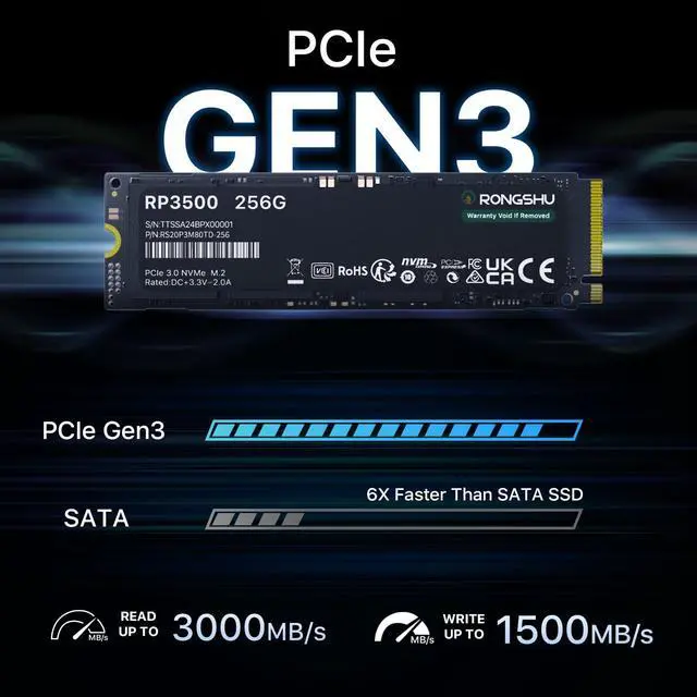 Alt view image 2 of 5 - RONGSHU 256GB NVMe SSD M.2 PCIe Gen 3x4, Read Speeds Up to 3,000 MB/s, M.2 2280 Internal Soild State Drive, SLC Cache 3D NAND TLC Compatible with Laptop and PC Desktops (RP3500)