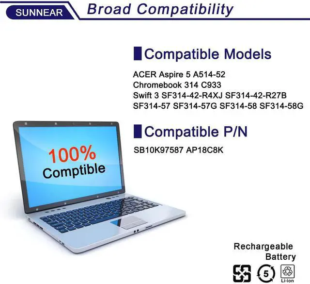 Alt view image 4 of 5 - SUNNEAR AP18C8K 50.29Wh Battery Replacement for Aspire 5 A514-52 Chromebook 314 C933 Swift 3 SF314-42 SF314-57 SF314-58 Series Laptop 11.25V 4471mAh SB10K97587