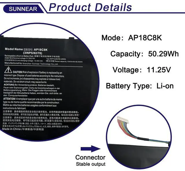 Alt view image 5 of 5 - SUNNEAR AP18C8K 50.29Wh Battery Replacement for Aspire 5 A514-52 Chromebook 314 C933 Swift 3 SF314-42 SF314-57 SF314-58 Series Laptop 11.25V 4471mAh SB10K97587