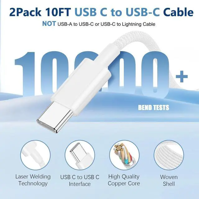 Alt view image 3 of 5 - iPhone 16 15 Charger Fast Charging,2Pack 10FT Extra Long USB C to C Fast Charging Cord Woven Cable 20W USB C Charger Block for iPhone 16 Pro Max/16 Plus/iPhone 15/15 Pro Max/iPad Pro/Air/Mini/AirPods