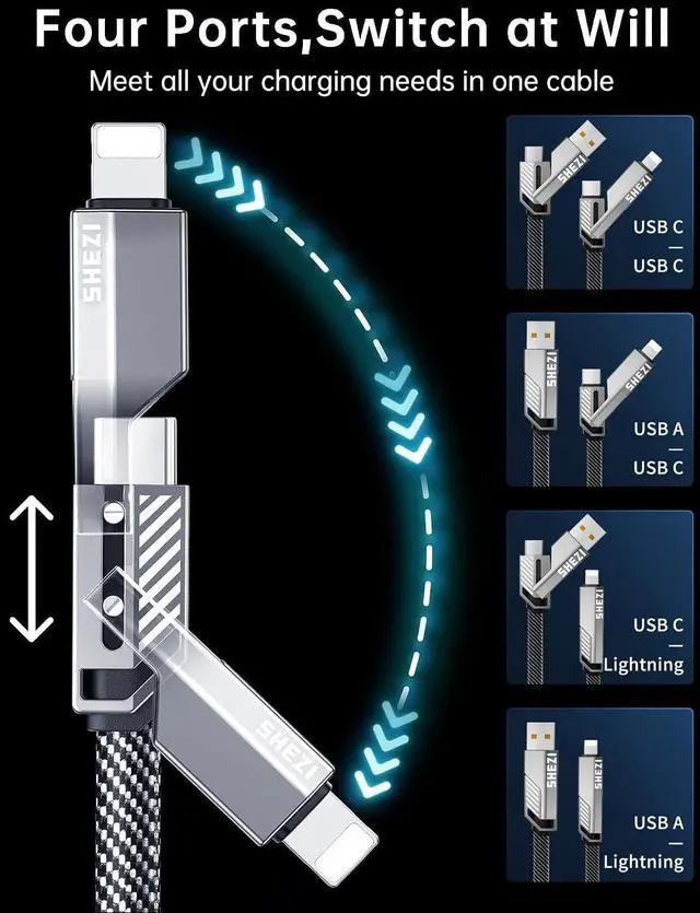 Alt view image 3 of 5 - [Upgraded 2.0] SHEZI 4-in-1 Long USB C Cable 60W 10FT Lightning Cable MFI Certified [Fast Charging&Data Sync] Flat Braided Multi Charger Cord Wire Combo with L/USB C/A Port for iPhone/iPad&All Devices