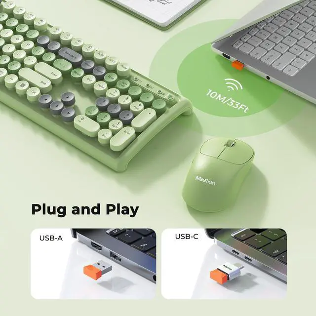 Alt view image 2 of 5 - Wireless Keyboard and Mouse Combo, 2.4GHz Cute Colorful Wireless,Full-Size Retro Typewiter Keyboard, 3800 DPI Optical Mouse, for PC/Mac/Laptop/Computer/Windows, Green