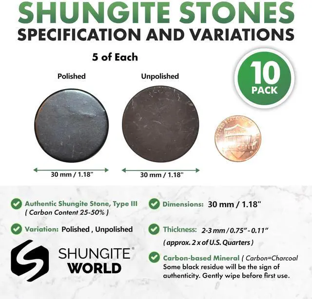 Alt view image 2 of 5 - Shungite World 10 pcs Shungite Stickers Set Round 30 mm Polished and Unpolished (5 of Each) for Cell Phone Case Tablet Laptop Computer - Energy Shungite Stones Protection Plate with Carbon Fullerenes