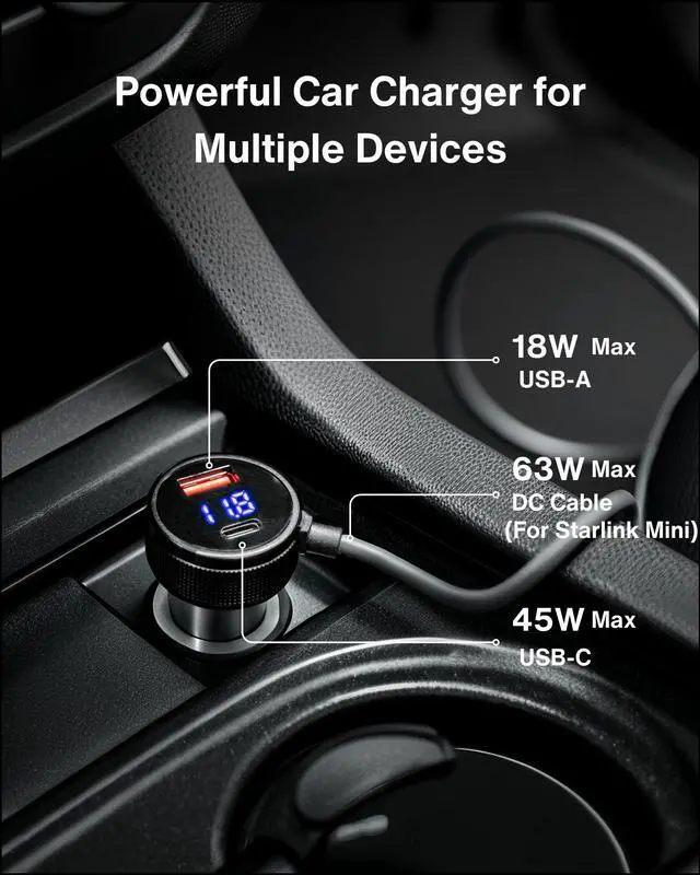 Alt view image 2 of 5 - Car Charger Cable for Starlink Mini 10FT/3M with Display - 60W DC + 33W Dual USB-C/USB-A Power Adapter for Trucks, RVs & Boats, 12-24V Aluminum 18AWG Cord with Real-Time Voltage Monitoring