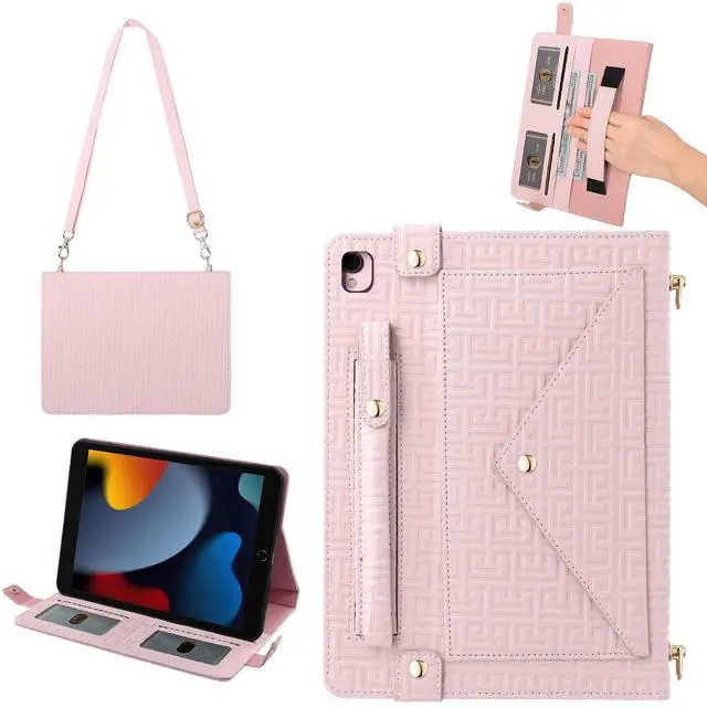 Main image of Handbag Case for iPad 9th 8th 7th Gen 10.2"/Air 3 2019/Pro 10.5, Techcircle Elegant Crossbody Folio Stand Wallet Case w/Pencil Holder, Card Slots, Hand Strap, Shoulder Strap, Baby Pink