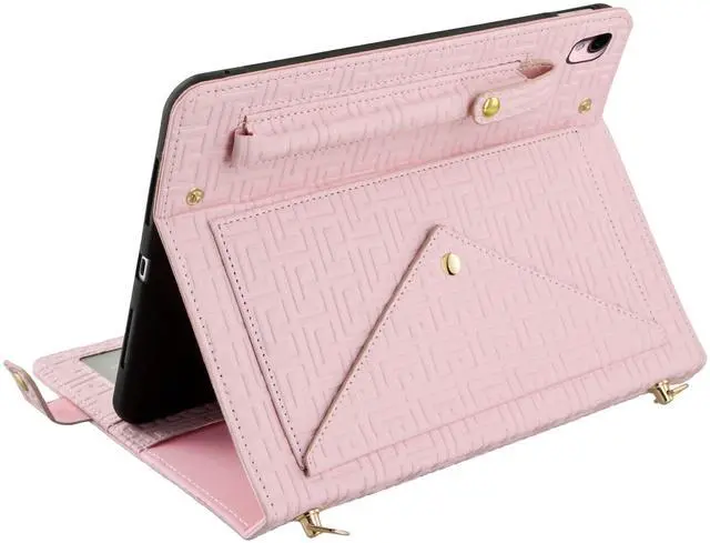 Alt view image 2 of 5 - Handbag Case for iPad 9th 8th 7th Gen 10.2"/Air 3 2019/Pro 10.5, Techcircle Elegant Crossbody Folio Stand Wallet Case w/Pencil Holder, Card Slots, Hand Strap, Shoulder Strap, Baby Pink