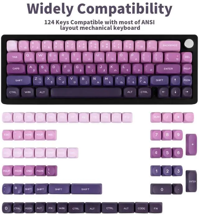 Alt view image 2 of 5 - TIMSEKER PBT Japanese Keycaps MOA Profile Keycaps Cute, 124 Keys Gradient Purple Custom Keycaps, Five Side Dye Sublimation Keyboard Keycaps Set for Cherry Gateron MX Switches Mechanical Keyboard