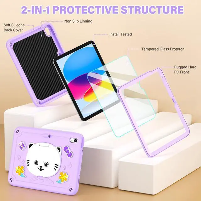 Alt view image 3 of 5 - TOMORRY Case for iPad (A16) 11th 2025 /10th Generation 10.9 Inch 2022 with Tempered Glass Screen Protector,Cat Stand & Pencil Holder Shoulder Strap,Shockproof for iPad Case 10th Gen kids Girls -Purple