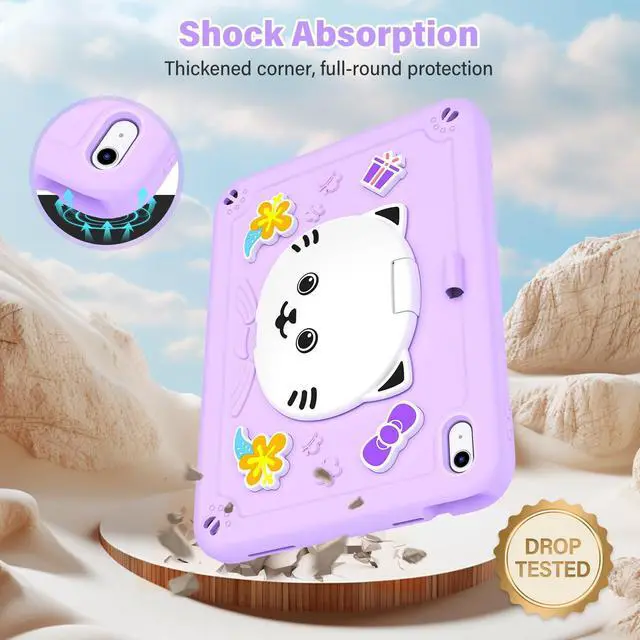 Alt view image 4 of 5 - TOMORRY Case for iPad (A16) 11th 2025 /10th Generation 10.9 Inch 2022 with Tempered Glass Screen Protector,Cat Stand & Pencil Holder Shoulder Strap,Shockproof for iPad Case 10th Gen kids Girls -Purple