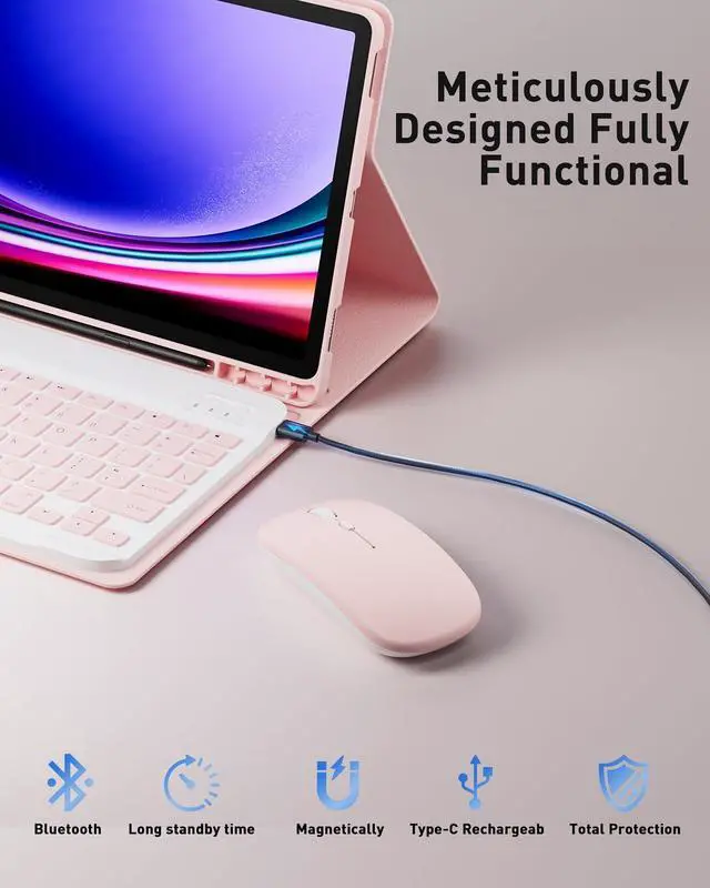 Alt view image 3 of 5 - Keyboard Case for iPad 9.7 inch, iPad 6th Generation (2018), iPad 5th Gen (2017), iPad Air 2 (2014), - Mouse and Detachable Keyboard for iPad Pro 9.7, Slim Case with Pen Holder, Auto Sleep/Wake-Pink